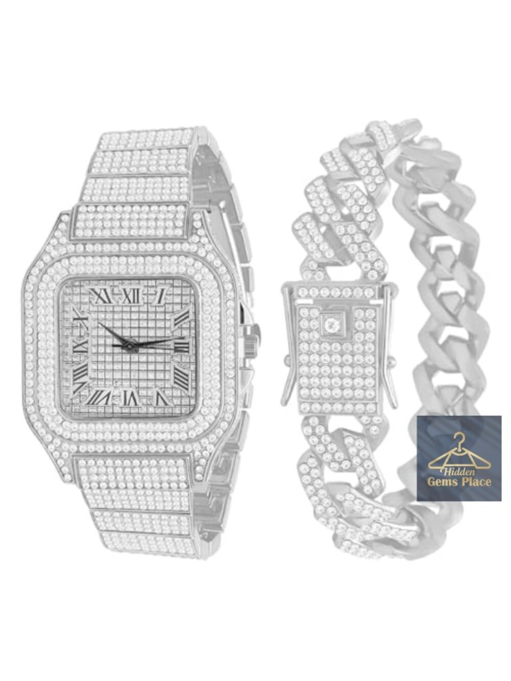 2PC Men Luxury Diamond Watch & Bracelet Set AAA+ Crystal